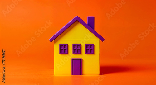 Stylized Yellow House with Purple Accents on Orange Background for Playful Real Estate, Design, or Branding Visual
