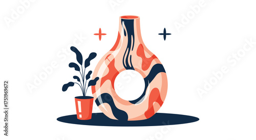 A decorative abstract vase with a plant and minimalist shapes.