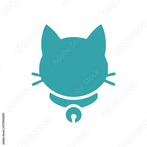 (Teal Cat Head with Bell Icon. A delightful cyan feline symbol featuring a collar and jingling chime, conveying warmth and playful companionship. Perfect for pet-related designs.)