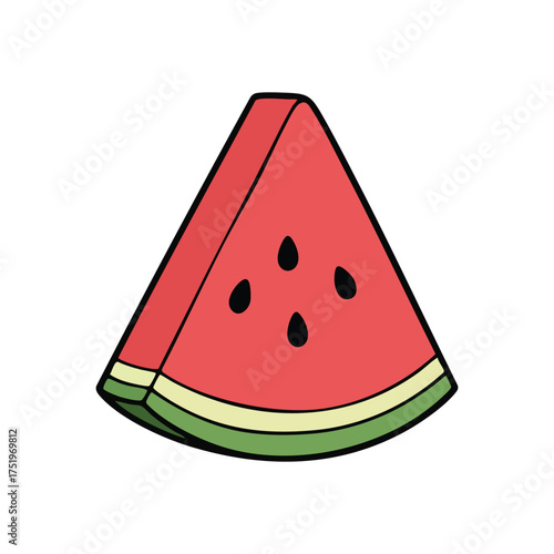 (Sweet Watermelon Wedge Icon. A vibrant cartoon rendition of a delightful red melon portion featuring small dark seeds. Evokes feelings of summer, freshness, and wholesome eating.)