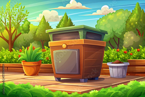 Compost bin in backyard eco-friendly gardening tool for recycling organic waste and creating soil fertilizer.