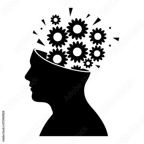 black silhouette of a head with gears bursting out symbolizing creativity, ideas, and thinking