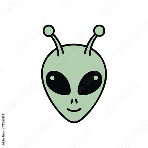 (Friendly Cartoon Alien Head. An amicable illustration of an extraterrestrial character, with a pleasant visage and antennae. Its vibrant green hue and simple smile evoke cosmic curiosity.)