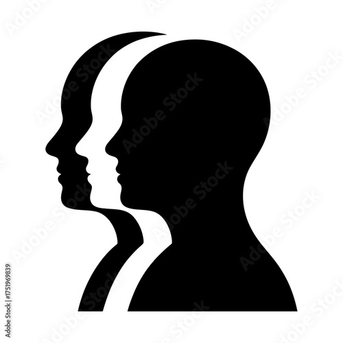 black silhouette of multiple layered human heads symbolizing identity, growth, and perception