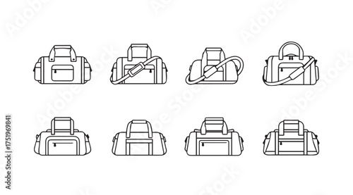 Collection of hand drawn gym duffel bags and sports luggage sketches for travel and fitness vector