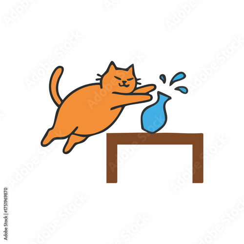 (Mischievous Cat Pushes Vase. An energetic orange kitty joyfully tips a water vessel off a table. This whimsical illustration captures common pet antics, symbolizing playful chaos and curiosity.)