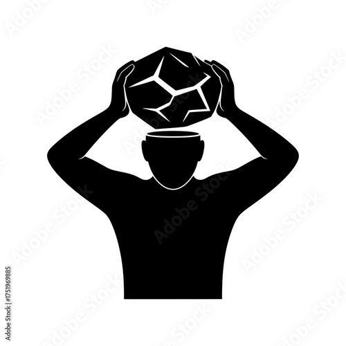 black silhouette of a person lifting a heavy geometric stone from their head symbolizing burden