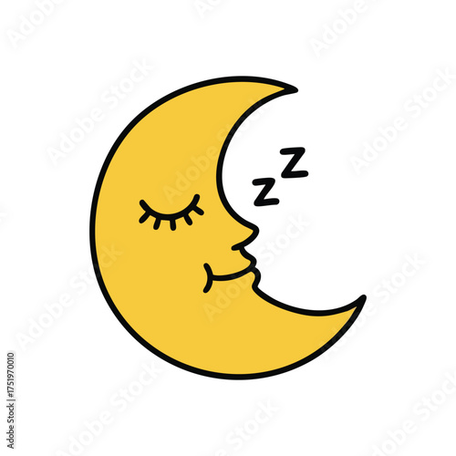 (Sleeping Crescent Moon Graphic. A charming illustration depicts a serene lunar visage at rest, symbolizing slumber, dreams, and tranquil nighttime. Conveys peace and relaxation.)