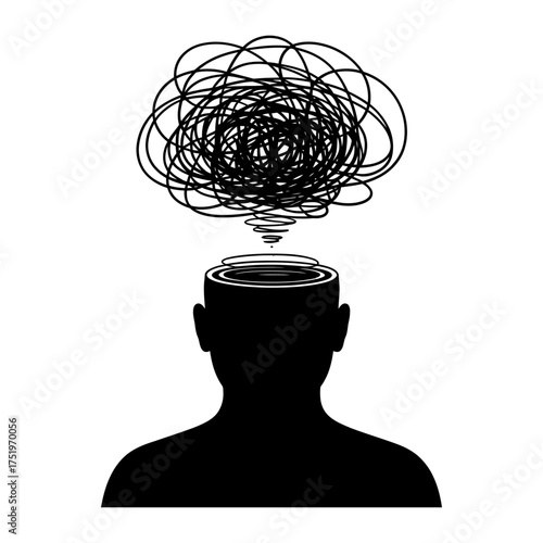 silhouette of human head with tangled scribble lines symbolizing anxiety stress and mental confusion concept