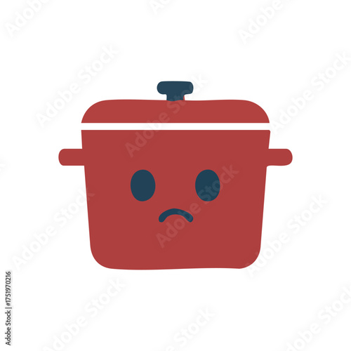 (Sad Red Pot Illustration. This minimalist graphic depicts a downcast crimson pan. It embodies feelings of culinary disappointment or an unsuccessful meal preparation.)