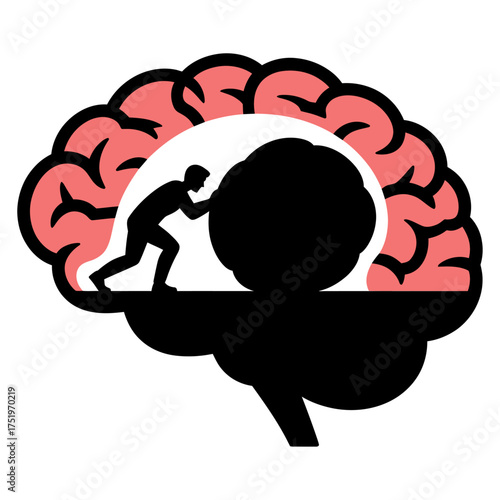 silhouette of man pushing boulder inside human brain symbolizing mental struggle stress and perseverance