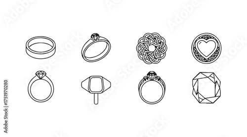 Collection of elegant hand-drawn sketch rings with gemstones and unique designs vector