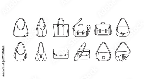 Collection of hand-drawn style handbag icons representing diverse fashion accessories for women vector