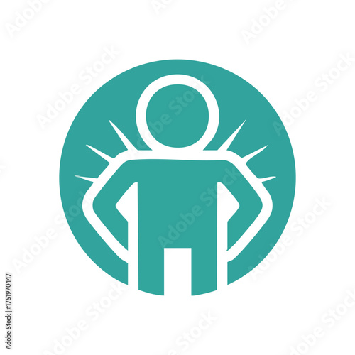 (Backache Body Distress Emblem. Stylized graphic portrays a person enduring discomfort from a possible spinal or muscular ailment. It signifies ongoing suffering and health issues.)