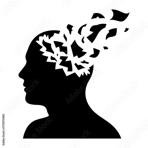 silhouette of human head dissolving into fragments symbolizing memory loss dementia and mental disorder