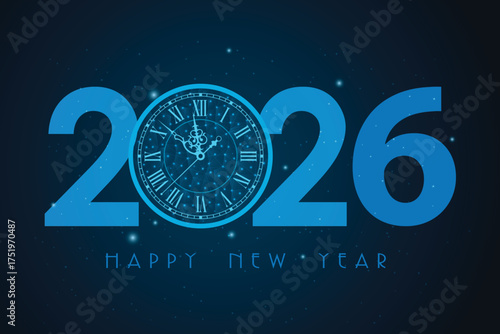 2026 Happy New Year, blue low poly clock and number with Geometric Abstract Background in Retro Style. Vector illustrtion