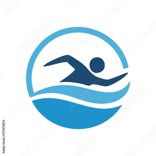 (Swimming Athlete Water Sport Icon. A vibrant blue graphic portrays an individual propelling through dynamic water. Symbolizes athleticism, aquatic fitness, recreation, and a refreshing active.)