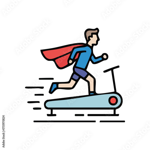 (Dynamic Fitness Hero Training. Energetic graphic depicting a powerful individual with a flowing cloak moving swiftly on exercise machinery. Represents progress, aspiration, and peak performance.)