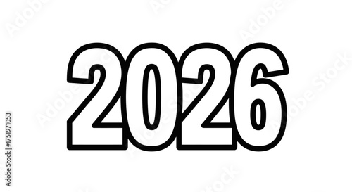 Outlined year 2026 bolded numbers cartoonish style on white background