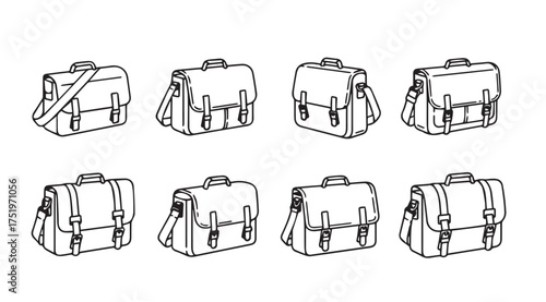 Collection of hand-drawn style satchels and messenger bags in different perspectives vector