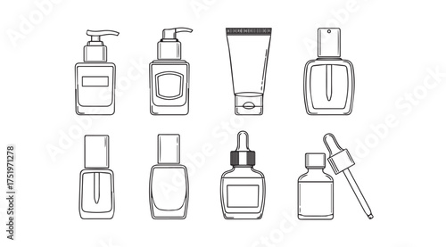 Collection of skincare and cosmetic bottles including droppers and pumps for beauty products vector