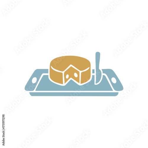 (Dessert Slice Serving Utensil Icon. Minimalist illustration of a delectable pastry with a missing wedge. A spatula rests on the festive tray, ready for sharing a delightful treat.)
