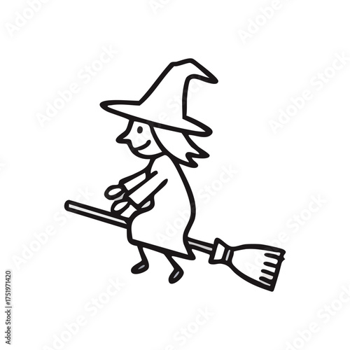 (Smiling Sorceress Flying on Broom. This delightful magical figure on a sweeping tool embodies joy and wonder. Ideal for enchanting holiday projects or children's themes.)