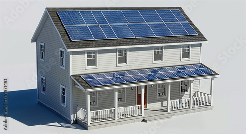 Two-Story White House with Solar Panels on Roof and Porch for Sustainable Living and Renewable Energy Visual
