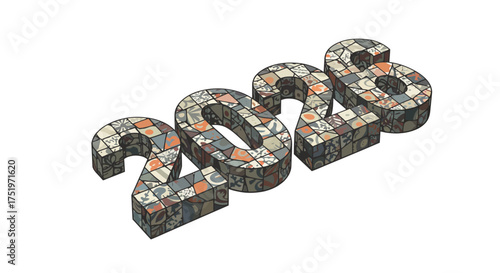 3D number 2026 with multicolored tiled patterns on a white background