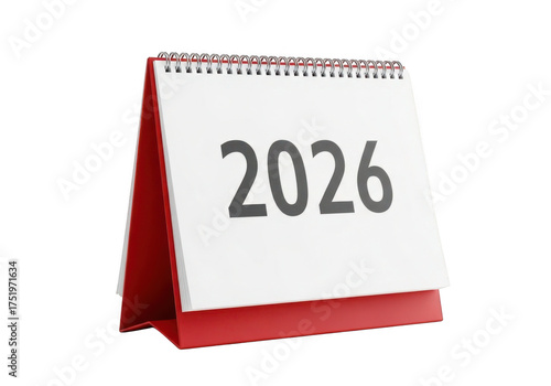 A 2026 desk calendar with a red base isolated on transparent background