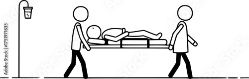 Medics carry a stretcher with the patient. Black silhouette, vector icon.