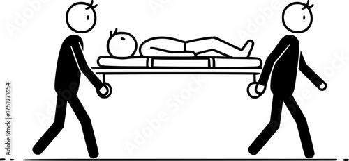 Medics carry a stretcher with the patient. Black silhouette, vector icon.