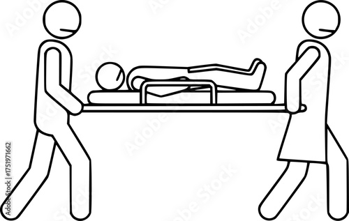 Medics carry a stretcher with the patient. Black silhouette, vector icon.