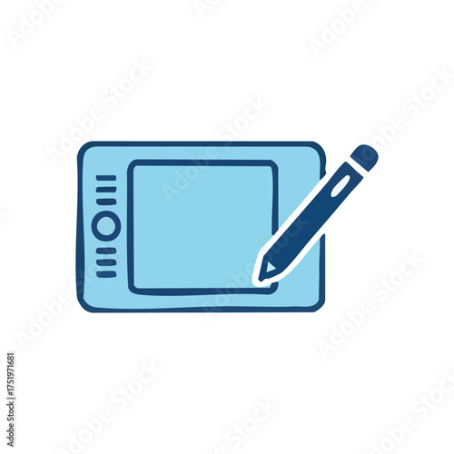 (Digital Drawing Tablet with Pen Icon. Illustrative design of a blue graphic pad and input tool. Represents artistic innovation, technology, and precision in creative workflows.)