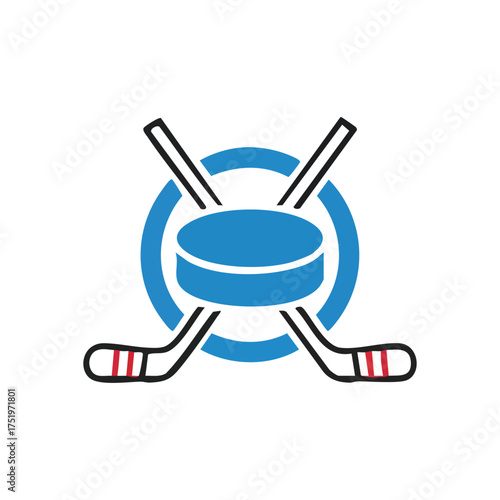 (Ice Hockey Sport Equipment Icon. This vector graphic depicts a puck and crossed clubs, symbolizing the thrill of competitive winter games and team spirit.)