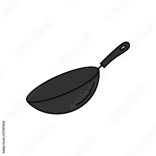 (Cartoon Frying Pan Doodle Icon. A charming hand-drawn kitchen cooking vessel, perfect for culinary projects or recipe blogs. Symbolizes preparing delicious homemade food and healthy eating.)