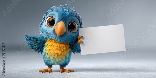 Cute parrot holding blank sign, colorful feathers, cartoon style, cheerful expression, vibrant colors, playful character