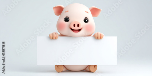 Cute pig holding blank sign, colorful cartoon character, cheerful expression, playful design, suitable for various uses