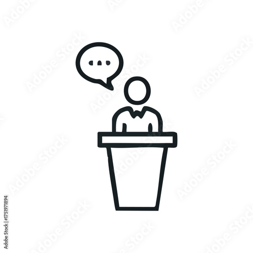 (Public Speaker Communication Icon. Simple black outline illustration of an individual at a lectern with a speech bubble. Conveys ideas, a seminar, or collective discourse.)