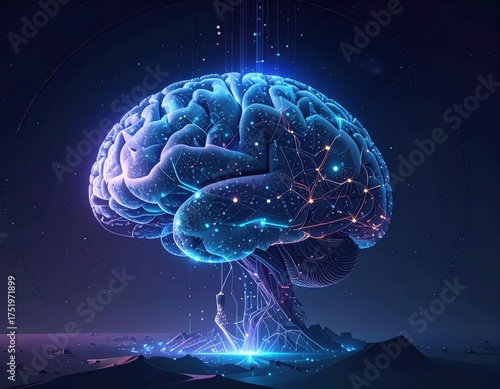 Digital Brain with Glowing Neural Network Connections.