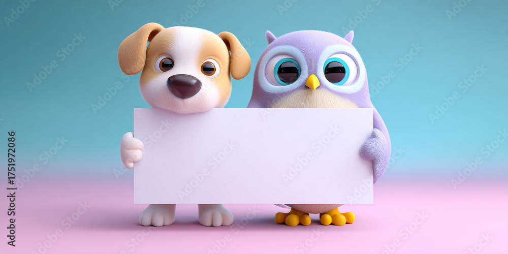 Obraz premium Adorable cartoon dog and owl duo holding blank sign, showcasing friendship and playfulness in colorful setting
