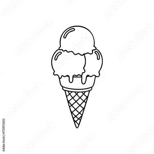 (Classic Triple Scoop Wafer Cone. Clean line art depicting a delightful frozen confection. This simple drawing evokes feelings of happiness, warmth, and delicious dessert enjoyment.)