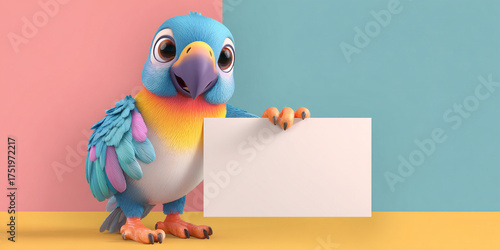 Adorable cartoon parrot holding blank board, colorful feathers, vibrant background, cheerful expression, playful design