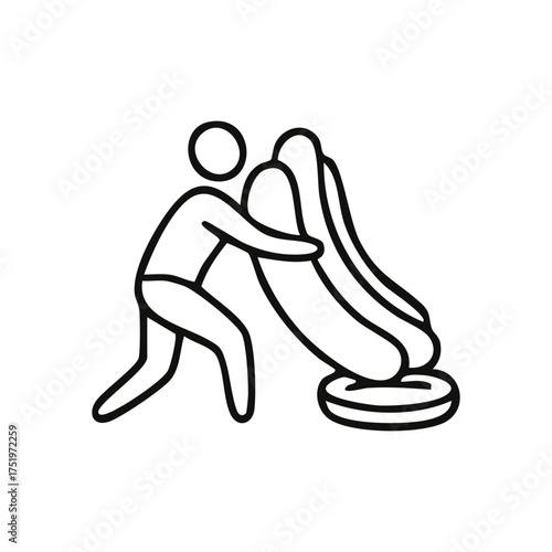 (Effort Moving Oversized Hot Dog. This pictogram shows a figure striving to transport a massive frankfurter onto its bread. It represents the humorous challenge of an unwieldy task.)