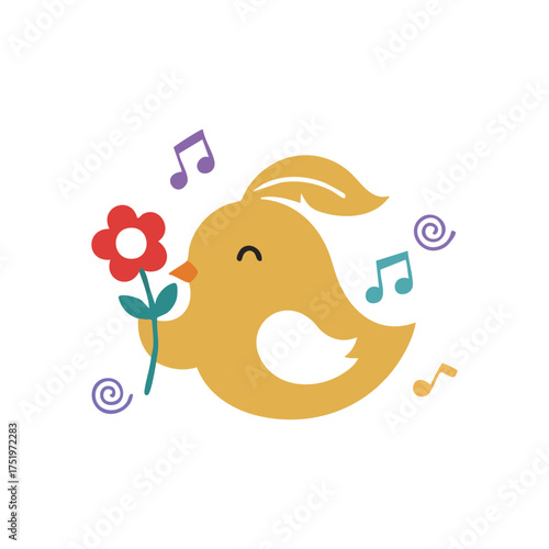 (Happy Bird, Flower, Musical Harmony. A delightful yellow creature presents a red bloom amidst floating melodic symbols. It symbolizes innocence, spring's essence, and cheerful celebration.)