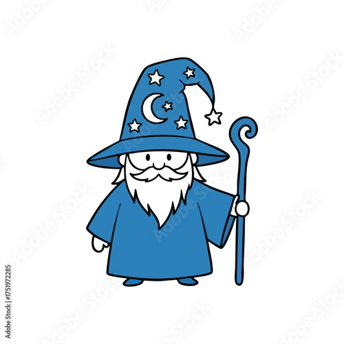 (Cute Blue Wizard Character Icon. Whimsical sorcerer illustration with a magical staff and starry hat. Symbolizes ancient wisdom, enchanting tales, and fantastical quests.)