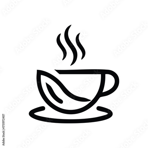 (Herbal Infusion Cup Silhouette. Minimalist design depicting a warm drink in a mug with a natural leaf. Symbolizes organic wellbeing, health, and a soothing moment.)