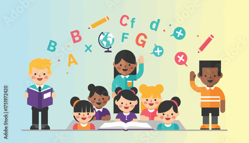 Diverse Students in Classroom Flat Illustration Learning School Subjects