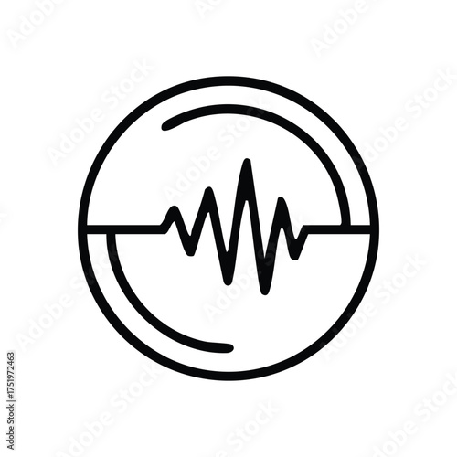 (Pulse Waveform Circle Icon. Clean linear drawing featuring a fluctuating signal within a ring. It signifies wellness, acoustic data, and diagnostic measurements, embodying a lively presence.)