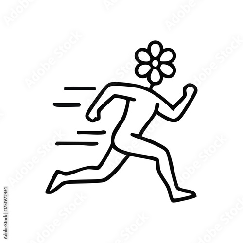 (Blooming Spirit Running Icon. This minimalist depiction shows an individual with a floral head in dynamic motion. It conveys vitality, growth, and natural, carefree exercise.)